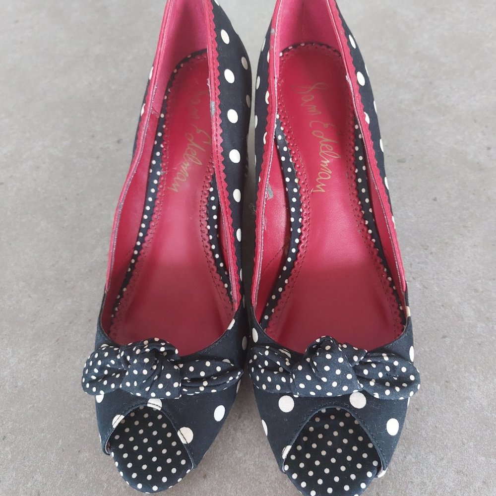 SAM EDELMAN Textile Upper Wedge Peep Toe Shoe w/Bow Black White Red - Size 8.5M